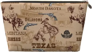 Cowboy Rodeo Texas America Vintage Small Makeup Bag For Purse,Leather Cosmetic Bags For Girls Women Zipper Travel Toiletry Pouch Makeup Bags