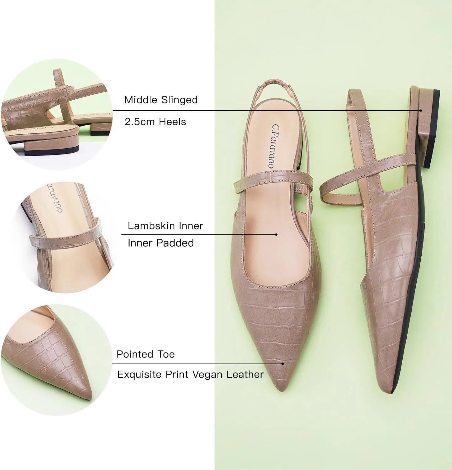 C.Paravano Women's Slingback Flats & Heels - Pointed Toe, Ankle Strap, Comfortable Leather Dress Shoes