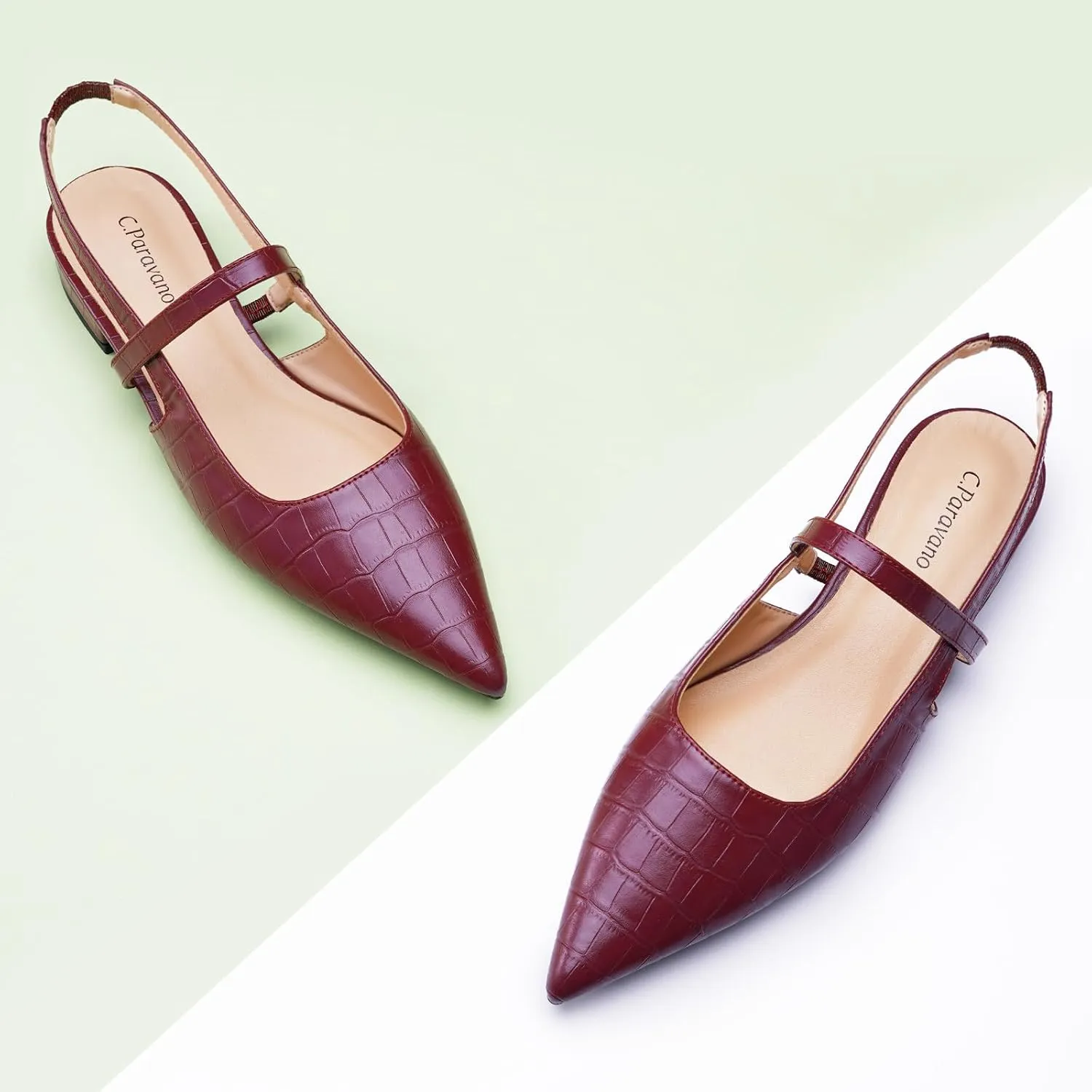 C.Paravano Women's Slingback Flats & Heels - Pointed Toe, Ankle Strap, Comfortable Leather Dress Shoes