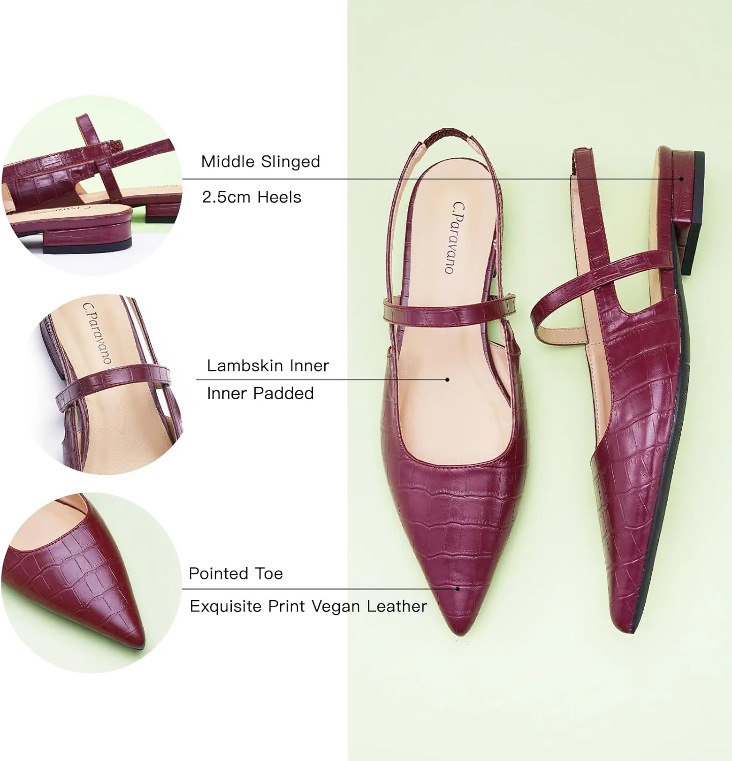 C.Paravano Women's Slingback Flats & Heels - Pointed Toe, Ankle Strap, Comfortable Leather Dress Shoes