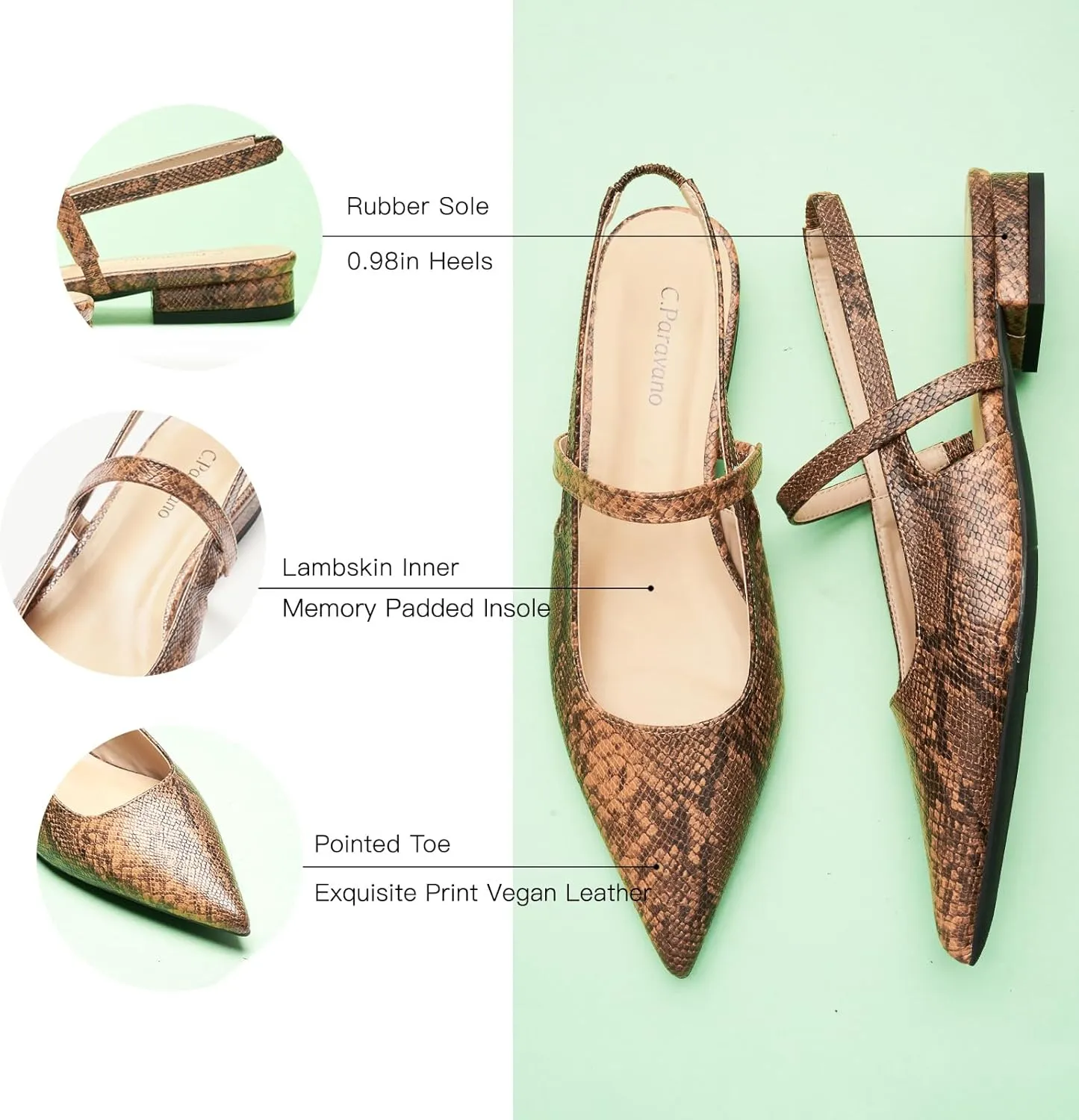 C.Paravano Women's Slingback Flats & Heels - Pointed Toe, Ankle Strap, Comfortable Leather Dress Shoes