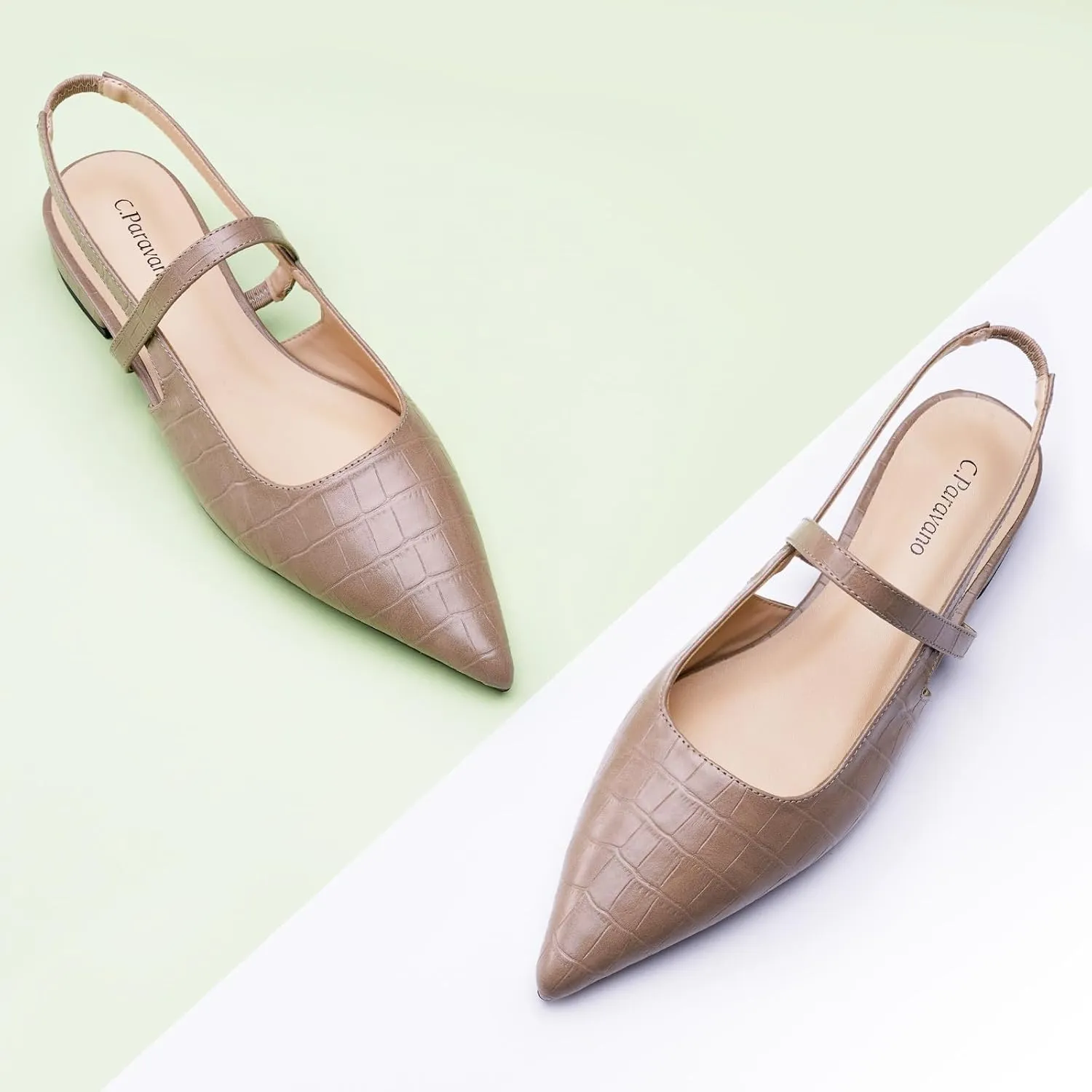 C.Paravano Women's Slingback Flats & Heels - Pointed Toe, Ankle Strap, Comfortable Leather Dress Shoes