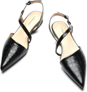 C.Paravano Women's Slingback Flats with S-Curve Strap - Crocodile-Embossed Pointed Toe Slip-On Shoes | Adjustable Back Comfortable Flat Sandals
