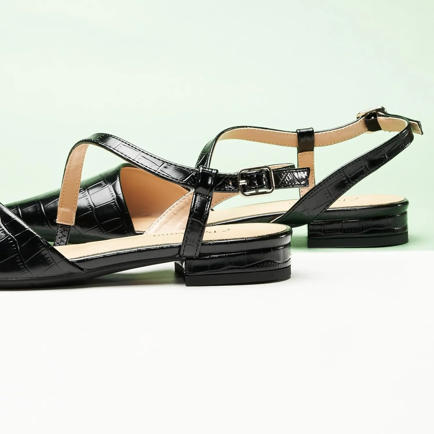 C.Paravano Women's Slingback Flats with S-Curve Strap - Crocodile-Embossed Pointed Toe Slip-On Shoes | Adjustable Back Comfortable Flat Sandals
