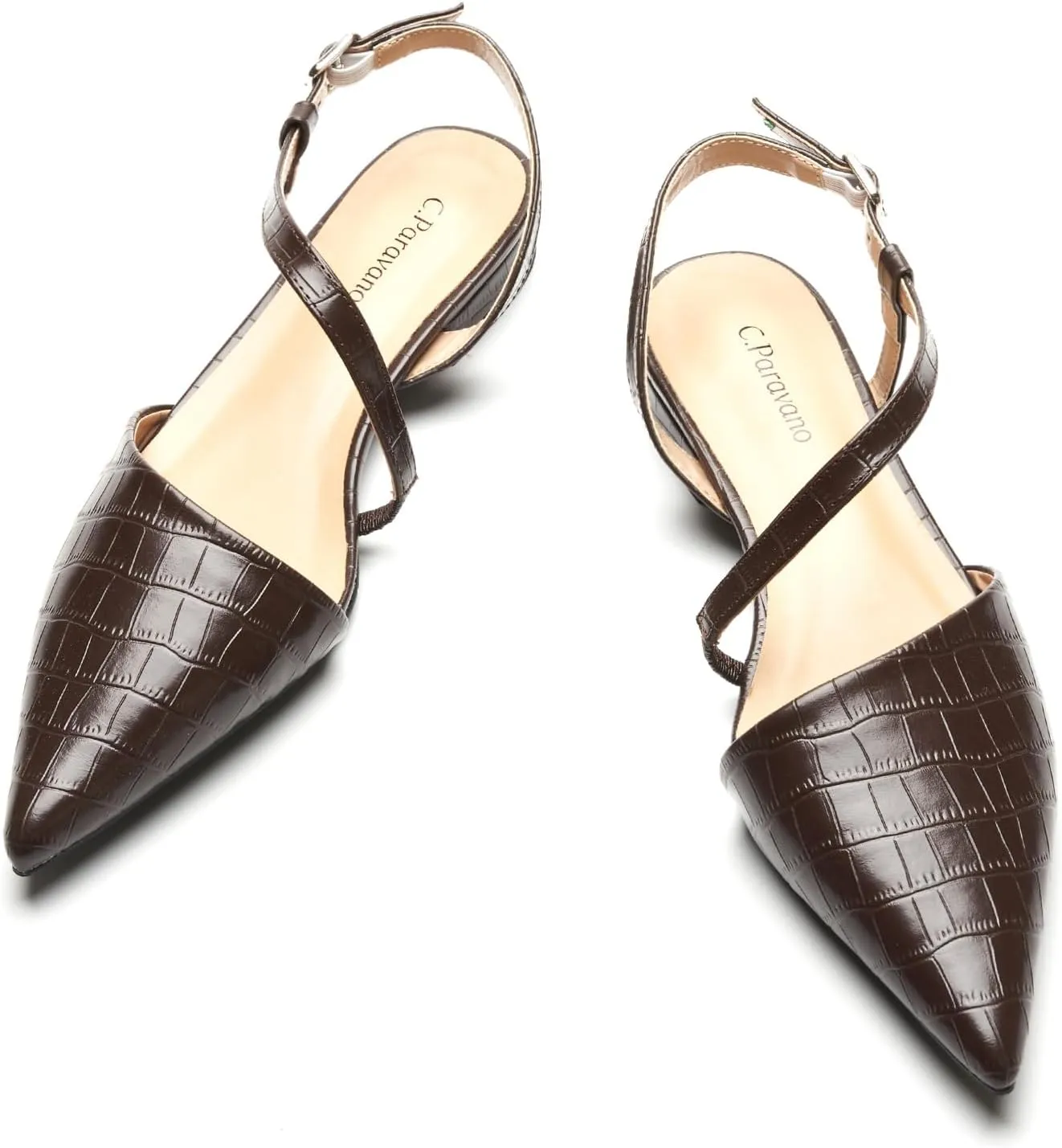 C.Paravano Women's Slingback Flats with S-Curve Strap - Crocodile-Embossed Pointed Toe Slip-On Shoes | Adjustable Back Comfortable Flat Sandals