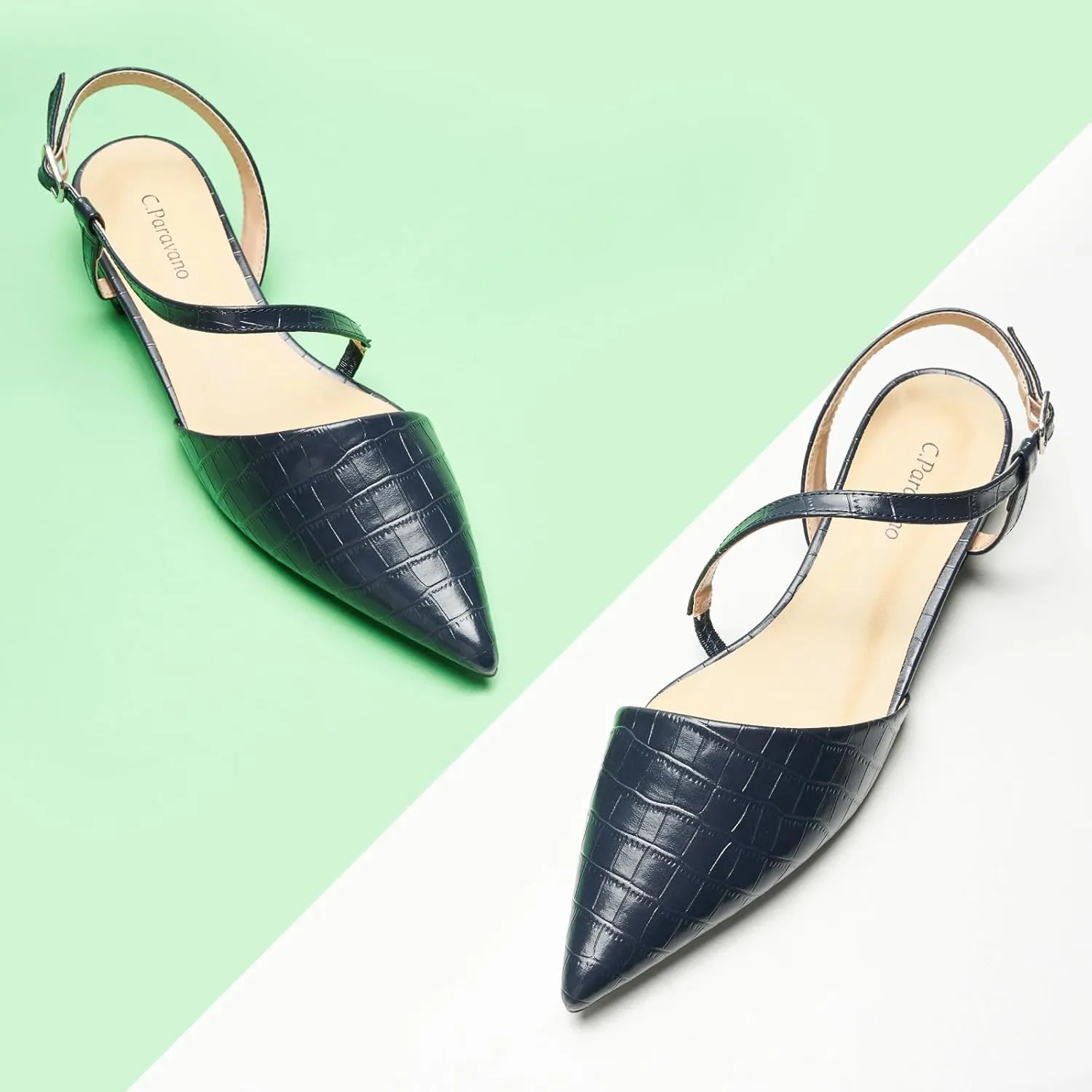 C.Paravano Women's Slingback Flats with S-Curve Strap - Crocodile-Embossed Pointed Toe Slip-On Shoes | Adjustable Back Comfortable Flat Sandals