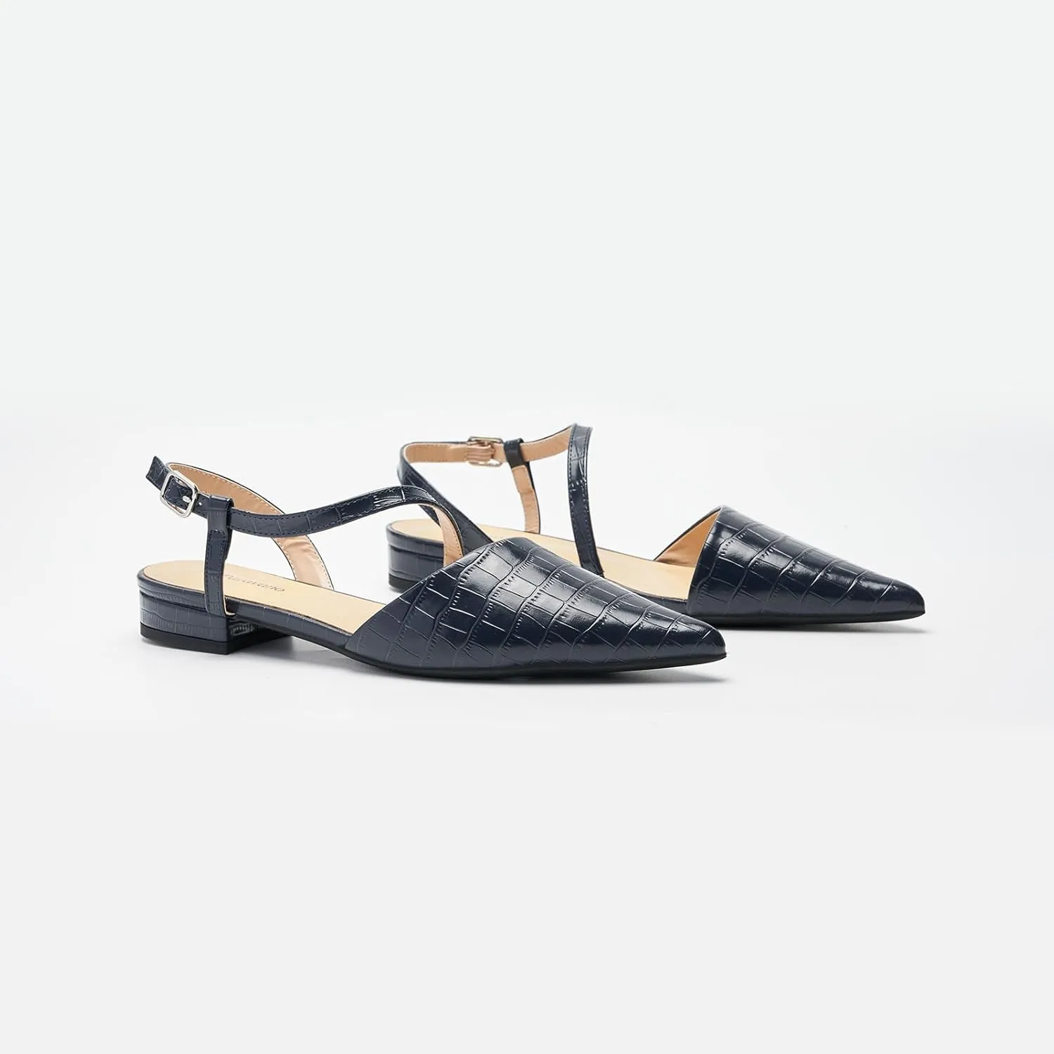 C.Paravano Women's Slingback Flats with S-Curve Strap - Crocodile-Embossed Pointed Toe Slip-On Shoes | Adjustable Back Comfortable Flat Sandals