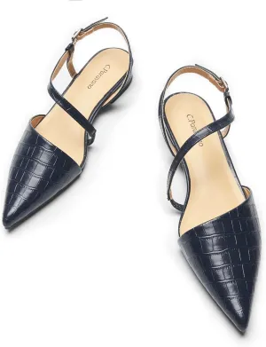 C.Paravano Women's Slingback Flats with S-Curve Strap - Crocodile-Embossed Pointed Toe Slip-On Shoes | Adjustable Back Comfortable Flat Sandals