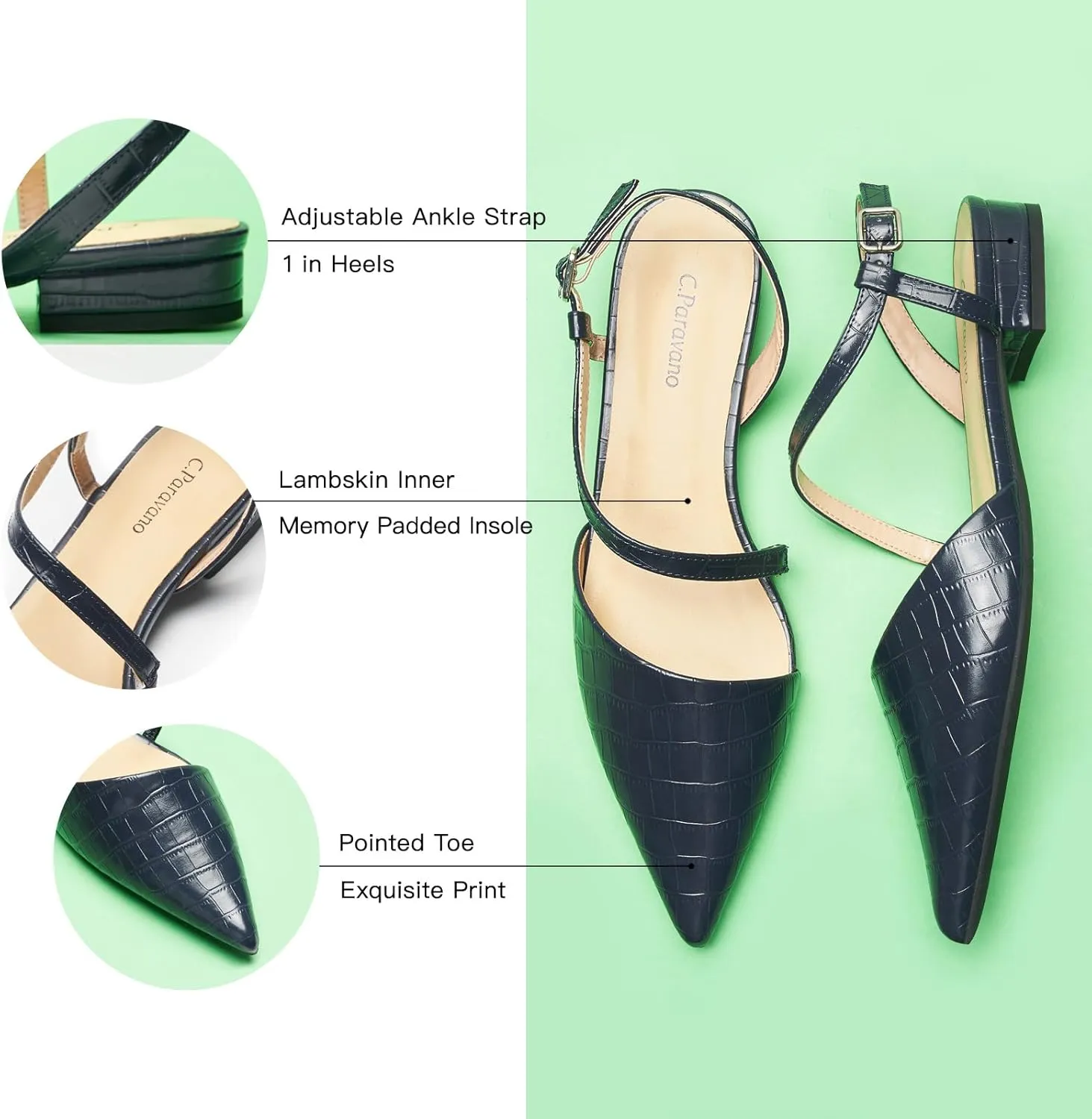 C.Paravano Women's Slingback Flats with S-Curve Strap - Crocodile-Embossed Pointed Toe Slip-On Shoes | Adjustable Back Comfortable Flat Sandals