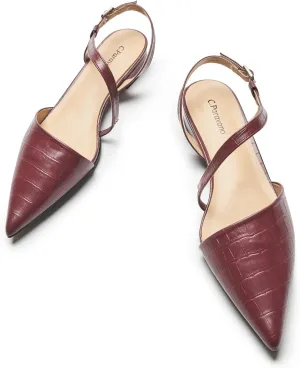 C.Paravano Women's Slingback Flats with S-Curve Strap - Crocodile-Embossed Pointed Toe Slip-On Shoes | Adjustable Back Comfortable Flat Sandals