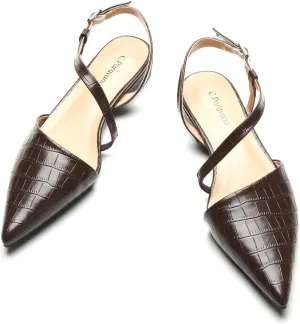 C.Paravano Women's Slingback Flats with S-Curve Strap - Crocodile-Embossed Pointed Toe Slip-On Shoes | Adjustable Back Comfortable Flat Sandals