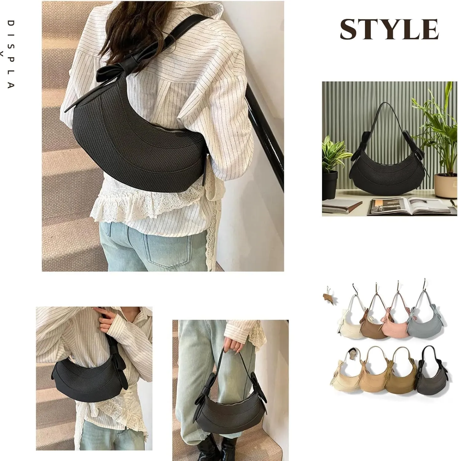 Crescent Shoulder Bag for Women- Cute Hobo Purse, Lightweight PU Y2K Handbag with Bow Straps for Summer Everyday