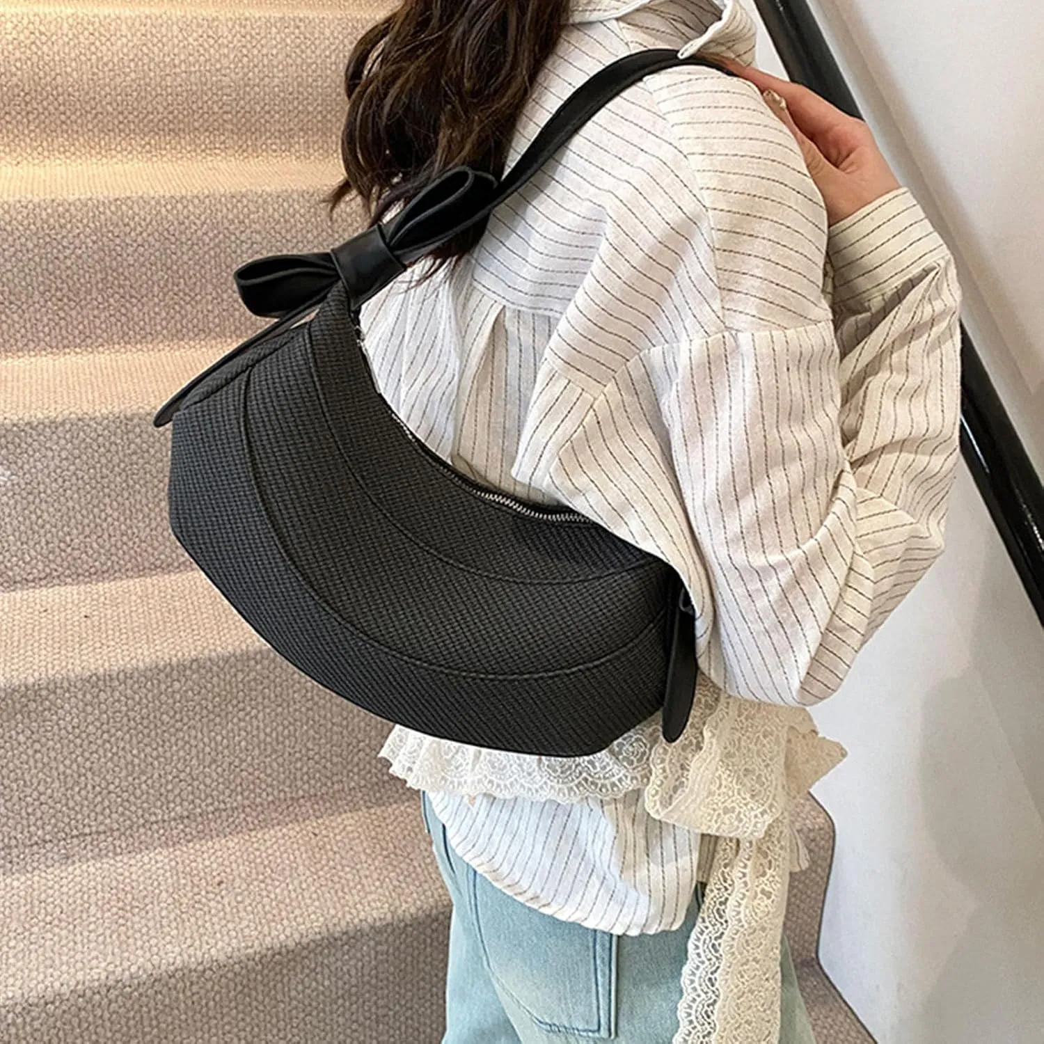 Crescent Shoulder Bag for Women- Cute Hobo Purse, Lightweight PU Y2K Handbag with Bow Straps for Summer Everyday