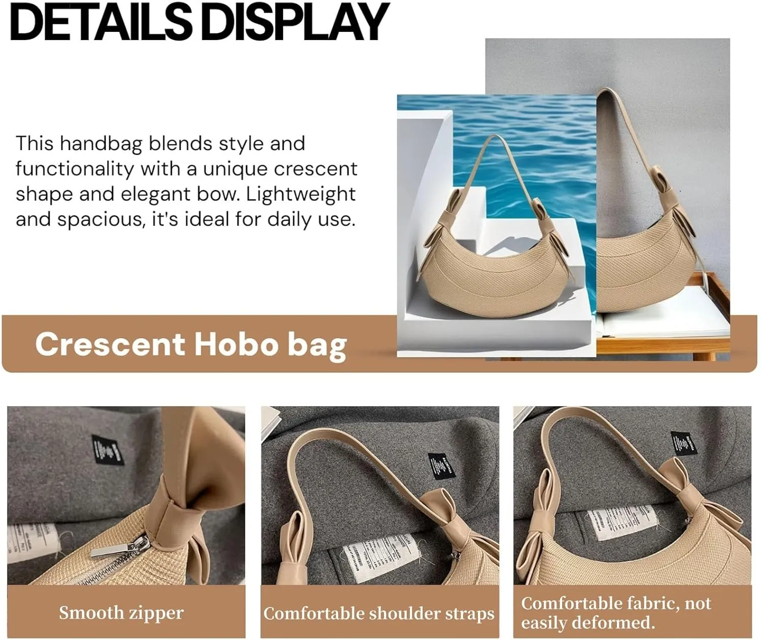 Crescent Shoulder Bag for Women- Cute Hobo Purse, Lightweight PU Y2K Handbag with Bow Straps for Summer Everyday