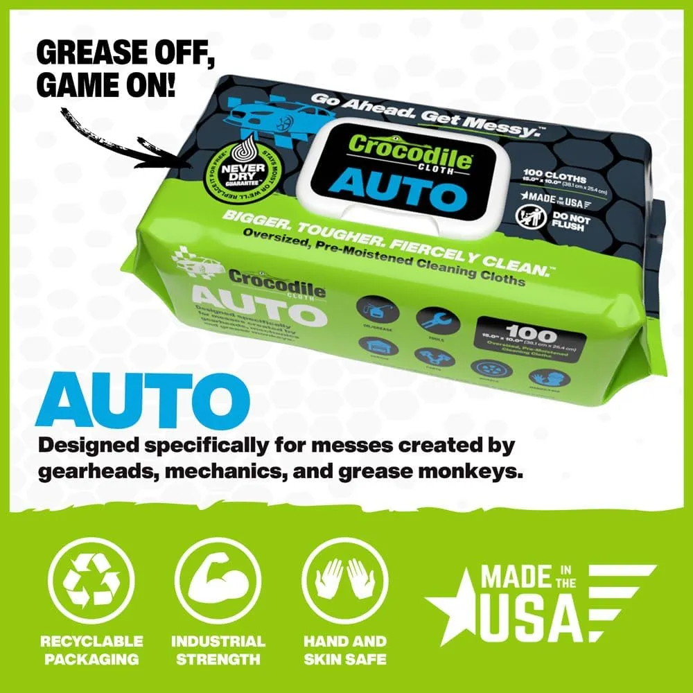 Crocodile Cloth Auto Cleaning Wipes - Car Engine Degreaser, Body Detailing, Tires Cloth Wipes - Cut Through Grease, Oil, and Adhesives on Hands, Tools, Parts, and More - 100 Giant Disposable Wipes