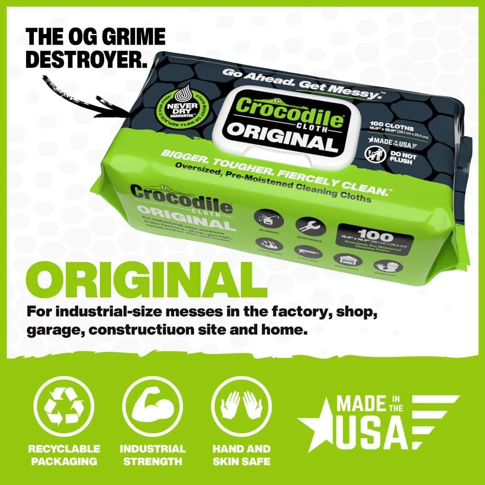 Crocodile Cloth Industrial Hand & Tool Cleaning Wipes - Heavy-Duty 10" x 15" Size Multi-Surface Cleaning Wipes, 100 Count Per Package. Water Based Solution with Extreme Cleaning Power. Safe on Skin.