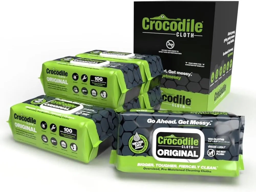 Crocodile Cloth Industrial Hand & Tool Cleaning Wipes - Heavy-Duty 10" x 15" Size Multi-Surface Cleaning Wipes, 100 Count Per Package. Water Based Solution with Extreme Cleaning Power. Safe on Skin.