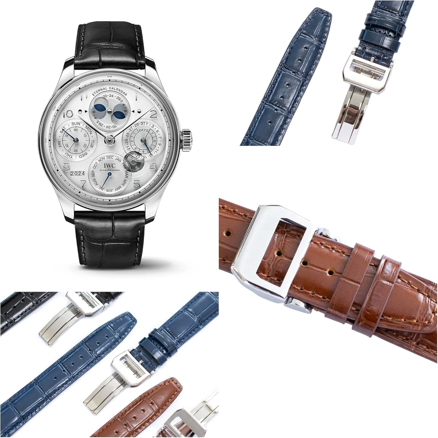 Crocodile Leather Straps For IWC Portuguese Watches, Croco Watch Band With Deployment Clasp For IWC Portofino Watches