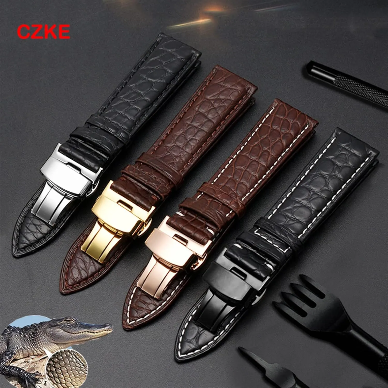 Crocodile leather watchband for any brand wristband 12 13 14 15mm straps with folding clasp