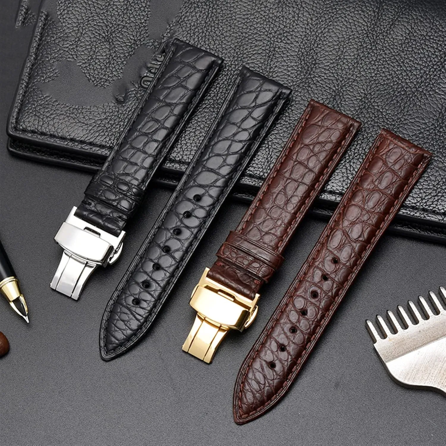 Crocodile leather watchband for any brand wristband 12 13 14 15mm straps with folding clasp