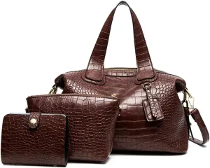 Crocodile Pattern Leather Handbag Set for Women - Large Tote & Crossbody Purse in Brown