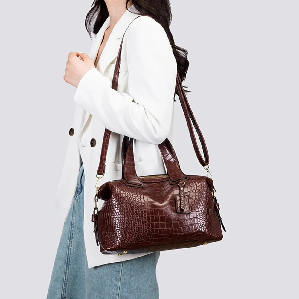 Crocodile Pattern Leather Handbag Set for Women - Large Tote & Crossbody Purse in Brown