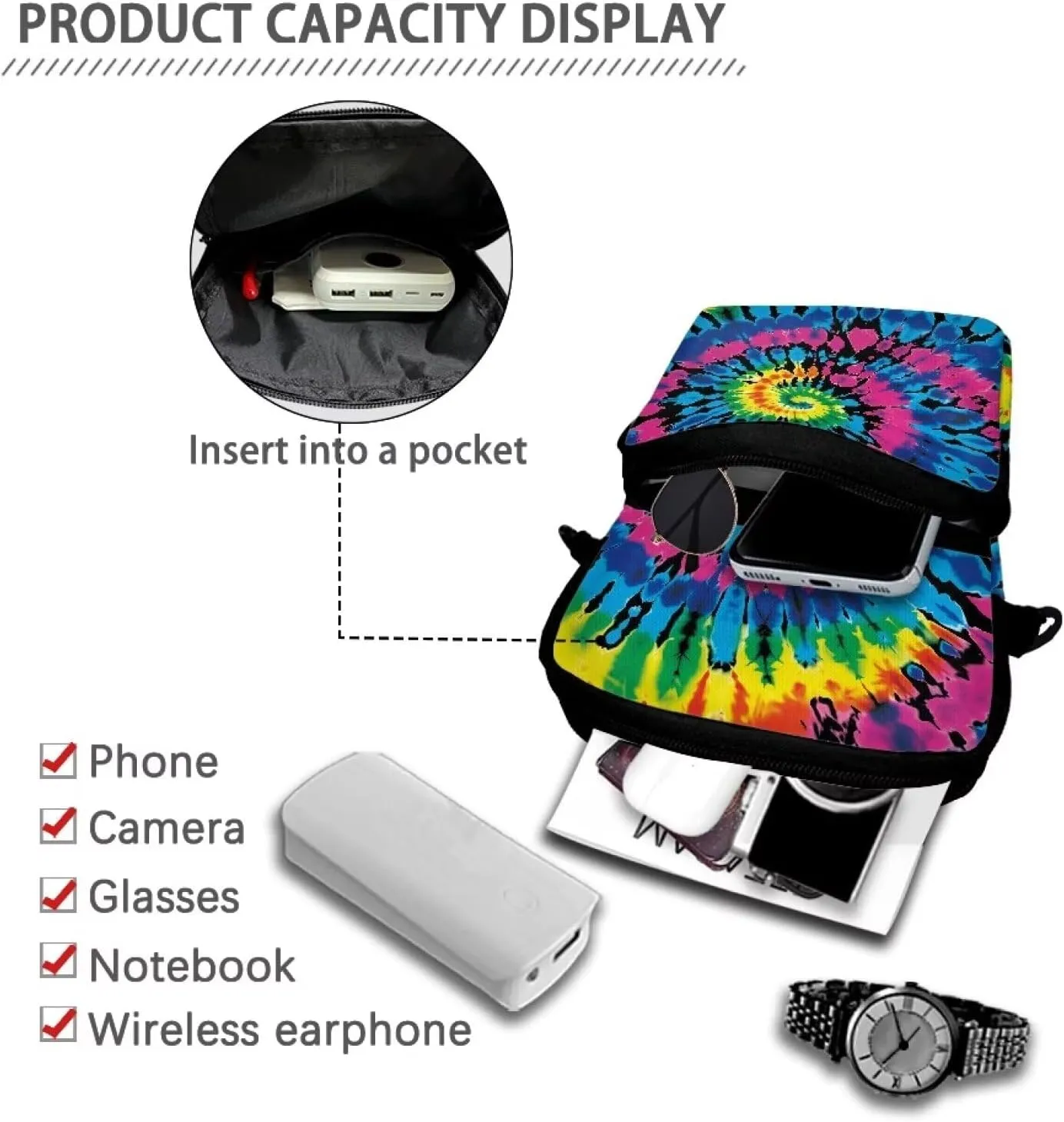 Crossbody Bags for Women Men Crossbody Bags Trendy with Extended Strap Double Layer Sling Bag Can Hold Phone, Camera, Glasses, Notebook, Wireless Earphone, Colorful Tie Dye