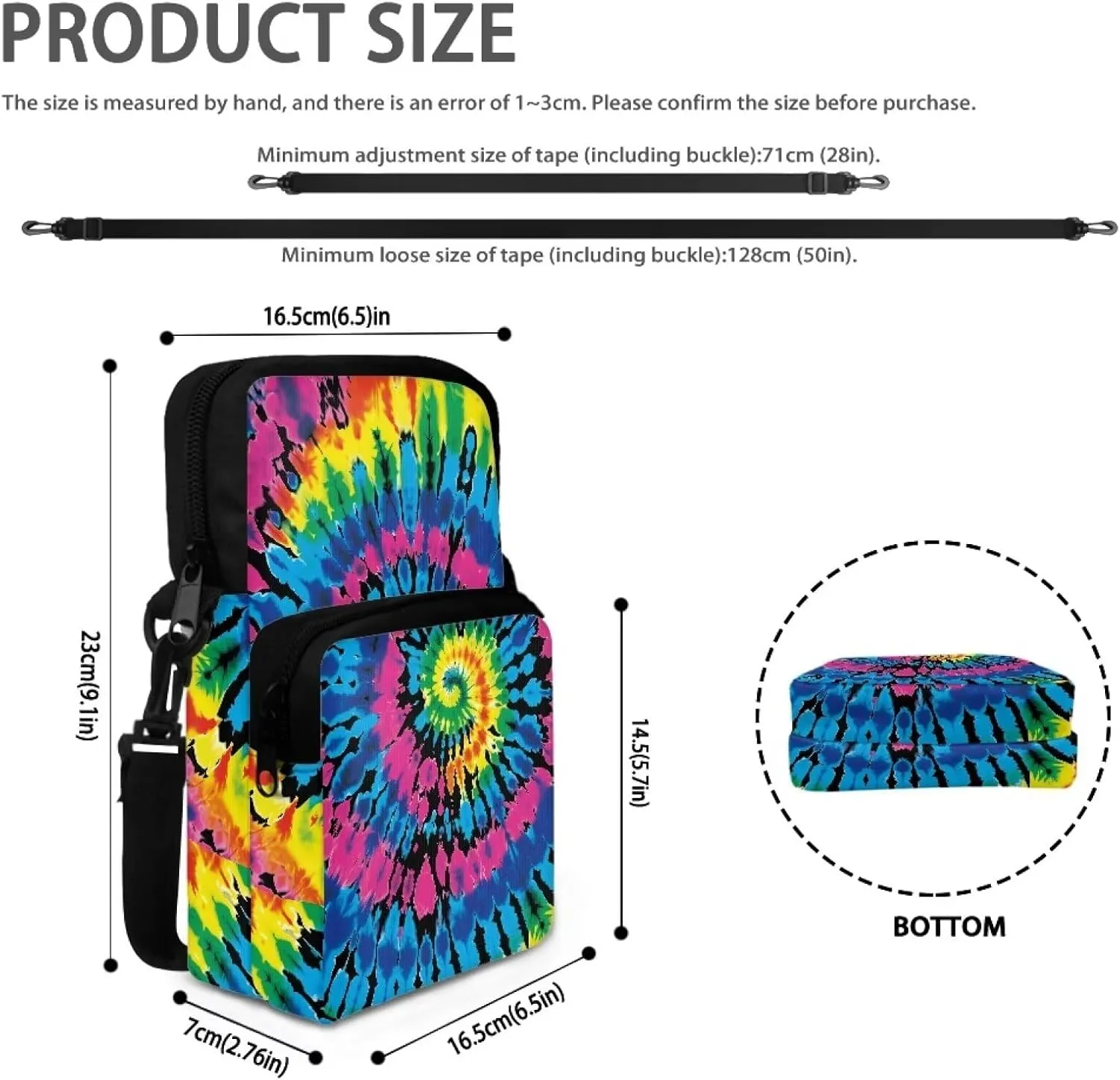 Crossbody Bags for Women Men Crossbody Bags Trendy with Extended Strap Double Layer Sling Bag Can Hold Phone, Camera, Glasses, Notebook, Wireless Earphone, Colorful Tie Dye