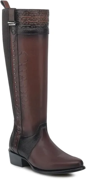 CUADRA Women’s High Boot in Bovine Leather with Studs and Decorative Strap Brown 4X01RS