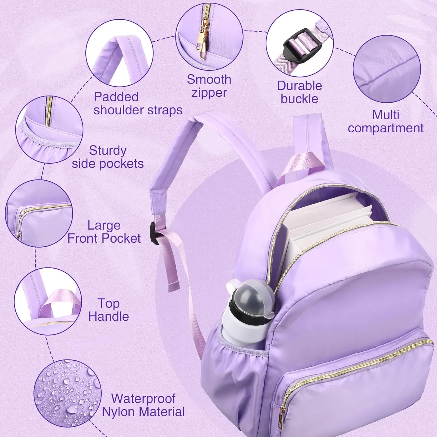 Cunno 1 Piece Nylon Backpack for School Preppy Bookbags Bulk Girls Boys School Bags Toddler Backpack Waterproof Travel Bag (Purple)