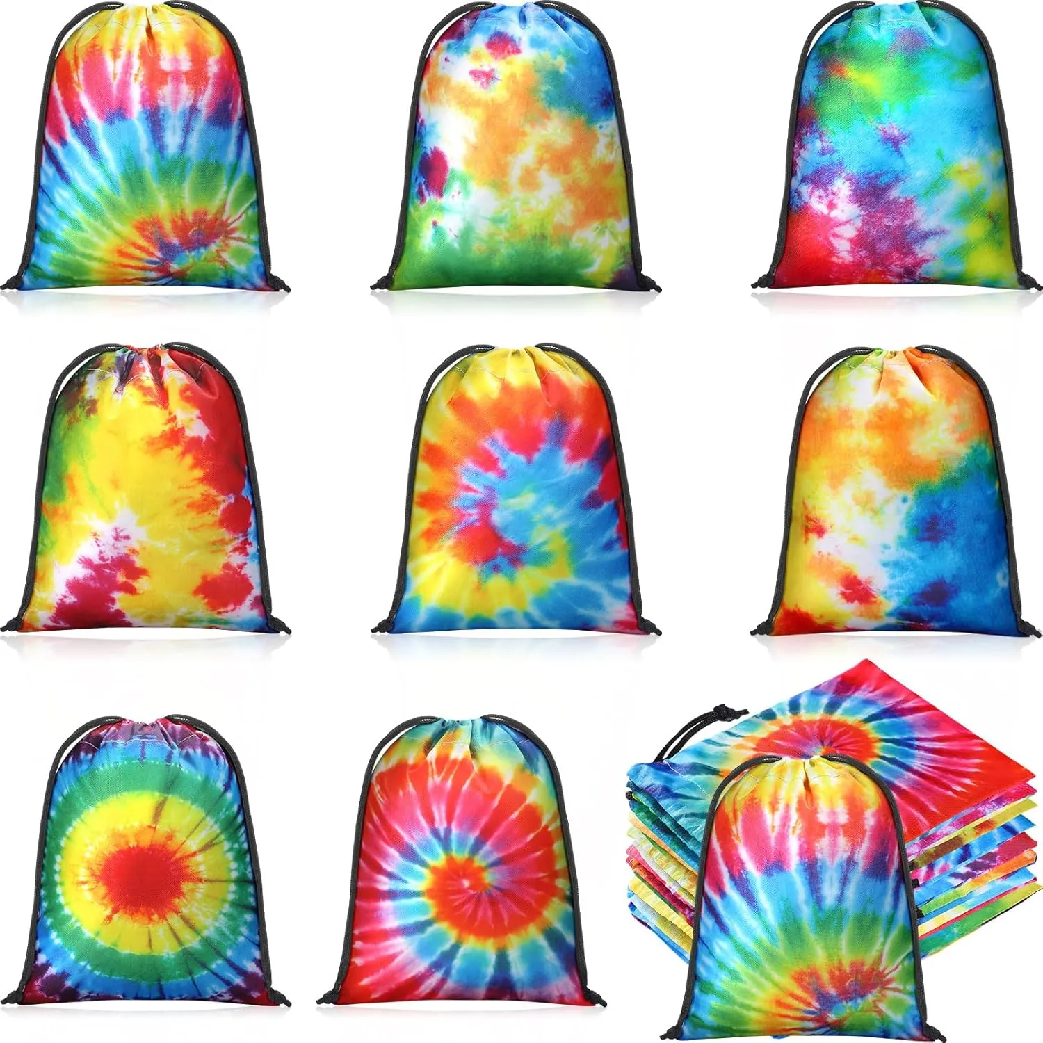 Cunno 24 Pcs 7x5 Inch Tie Dye Drawstring Bags Tie Dye Goodie Bags Reusable Polyester Colorful Treat Candy Pouches for Summer Birthday Party Supplies