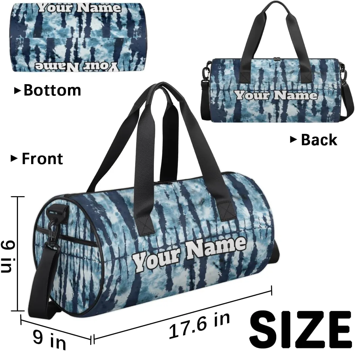 Custom Gym Bag for Women Men with Name, Personalized Tie Dye Duffel Bag for Sports, Waterproof Dance Bag, Lightweight Carryon Gym Bag, Indigo Tie Dye