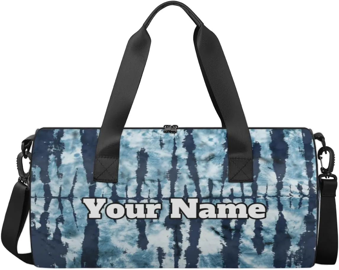 Custom Gym Bag for Women Men with Name, Personalized Tie Dye Duffel Bag for Sports, Waterproof Dance Bag, Lightweight Carryon Gym Bag, Indigo Tie Dye