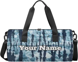 Custom Gym Bag for Women Men with Name, Personalized Tie Dye Duffel Bag for Sports, Waterproof Dance Bag, Lightweight Carryon Gym Bag, Indigo Tie Dye