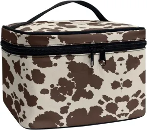Cute Brown Cow Cowhide Design Travel Makeup Bags for Women and Portable Tote Cosmetic Case with Carry Handle Toiletry Accessories Storage Organizer Bags