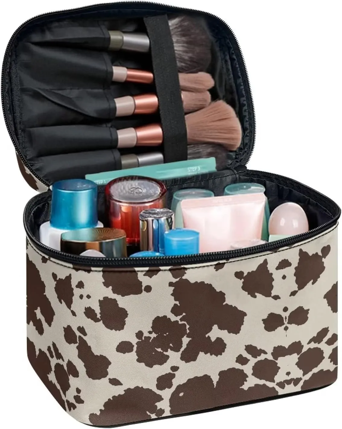 Cute Brown Cow Cowhide Design Travel Makeup Bags for Women and Portable Tote Cosmetic Case with Carry Handle Toiletry Accessories Storage Organizer Bags