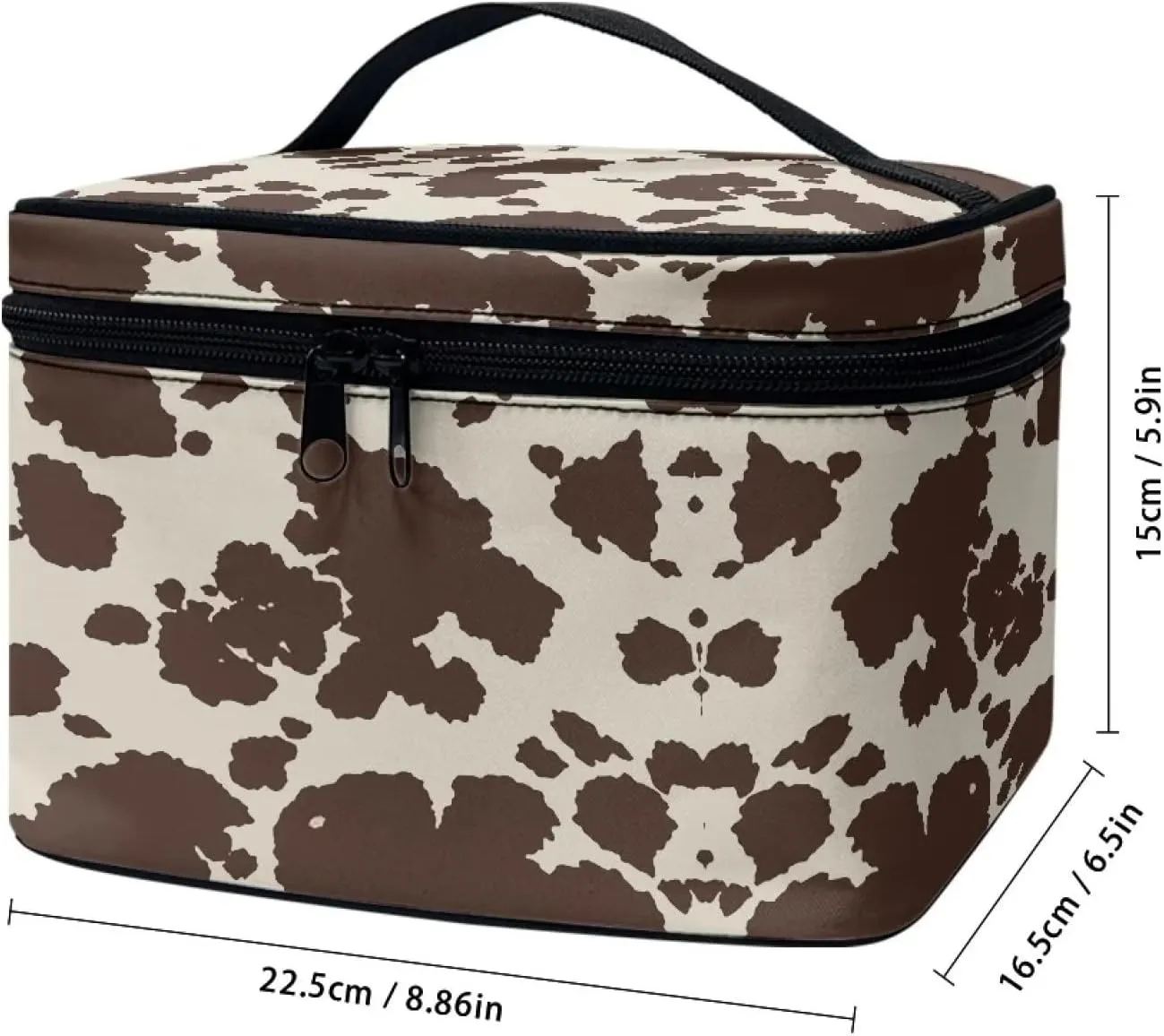 Cute Brown Cow Cowhide Design Travel Makeup Bags for Women and Portable Tote Cosmetic Case with Carry Handle Toiletry Accessories Storage Organizer Bags
