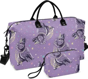 Cute Bunny Unicorn Horn Purple Duffel Bags Travel Toiletry Bags Set, Print Womens Gym Bags Tote Duffle Carry on Bag