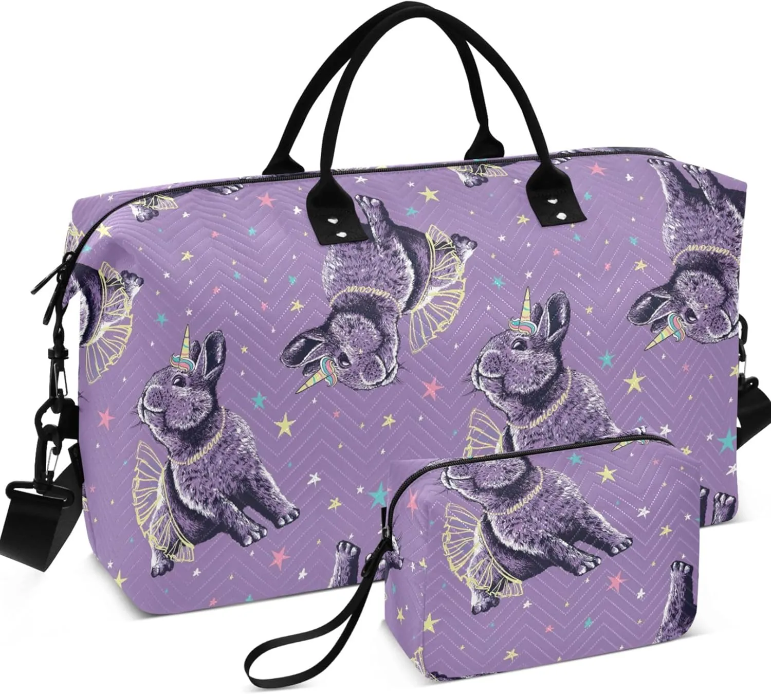 Cute Bunny Unicorn Horn Purple Duffel Bags Travel Toiletry Bags Set, Print Womens Gym Bags Tote Duffle Carry on Bag