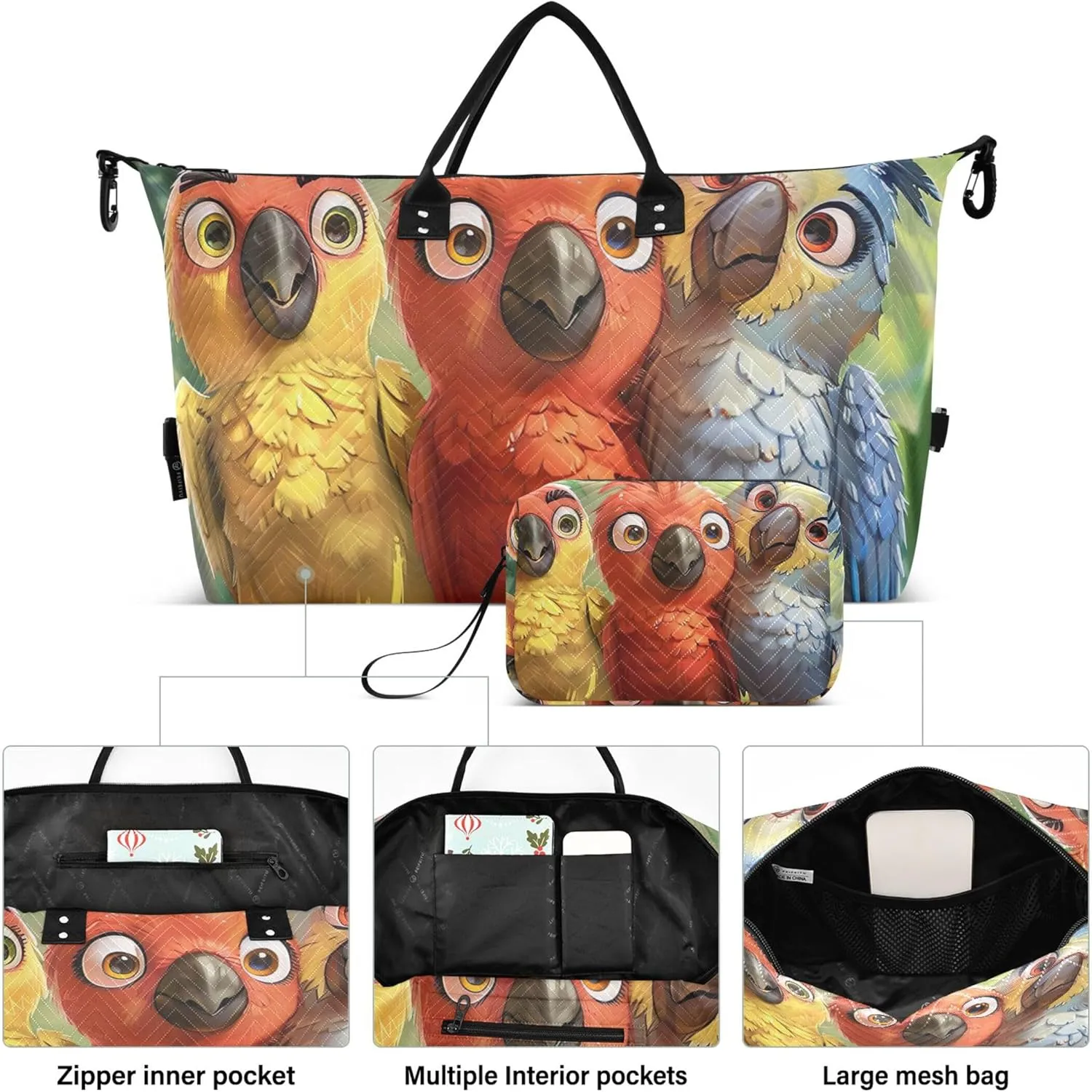 Cute Cartoon Parrots Duffel Bags for Traveling Cosmetic Pouch Set of 2, Print Women Gym Tote Overnight Hospital Bag