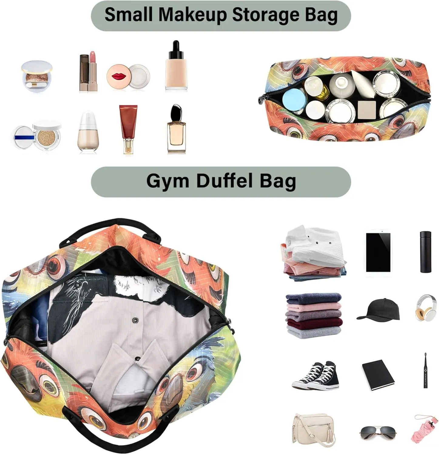 Cute Cartoon Parrots Duffel Bags for Traveling Cosmetic Pouch Set of 2, Print Women Gym Tote Overnight Hospital Bag