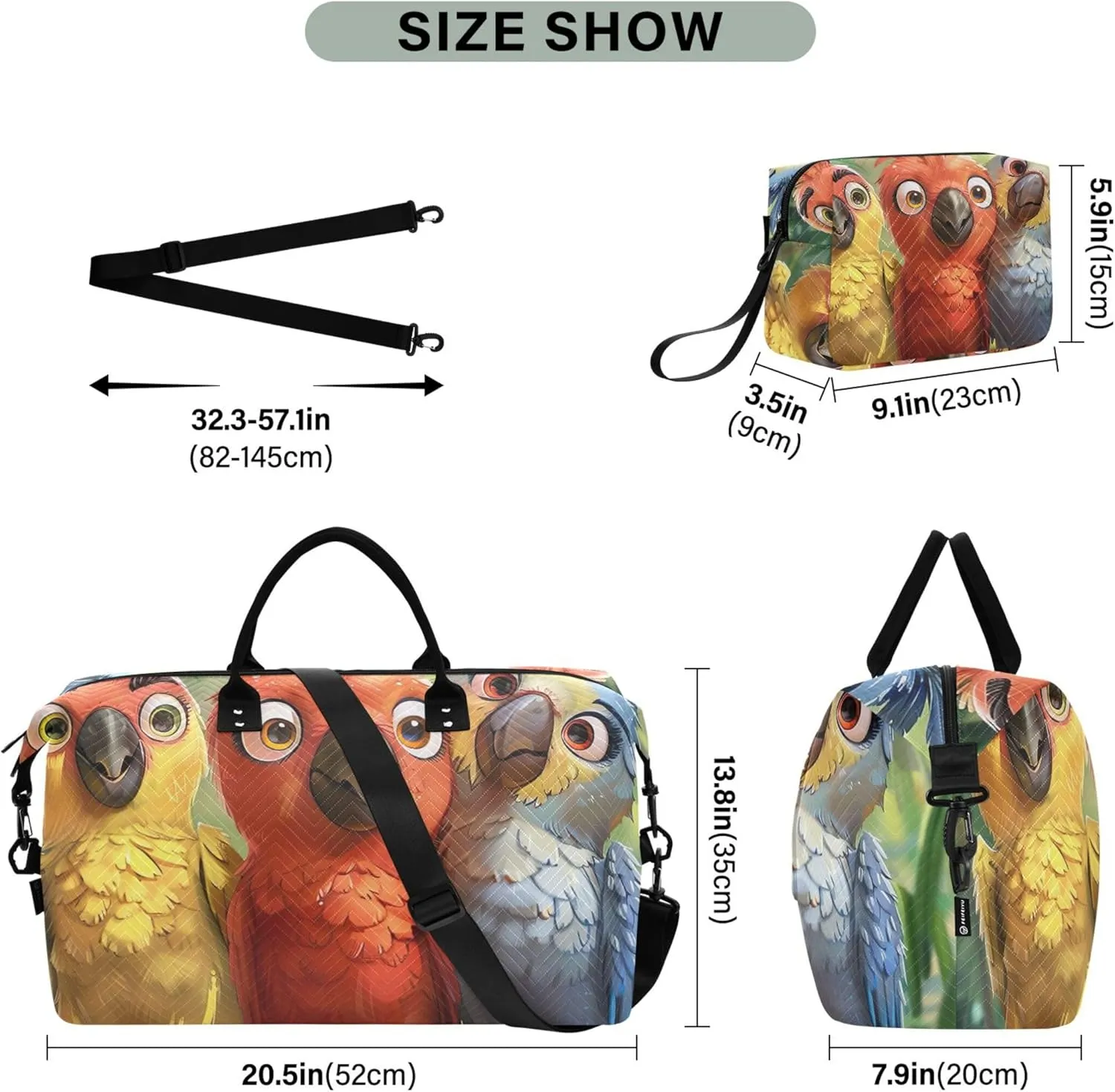Cute Cartoon Parrots Duffel Bags for Traveling Cosmetic Pouch Set of 2, Print Women Gym Tote Overnight Hospital Bag
