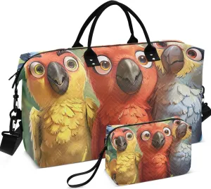 Cute Cartoon Parrots Duffel Bags for Traveling Cosmetic Pouch Set of 2, Print Women Gym Tote Overnight Hospital Bag