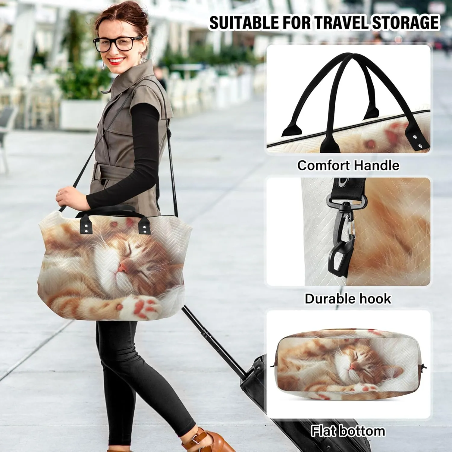 Cute Cat Kitten Travel Duffle Women Makeup Pouch Set of 2, Design Luggage Bag Traveling Bags