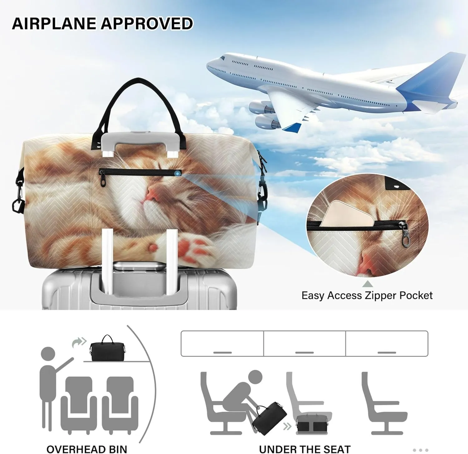 Cute Cat Kitten Travel Duffle Women Makeup Pouch Set of 2, Design Luggage Bag Traveling Bags