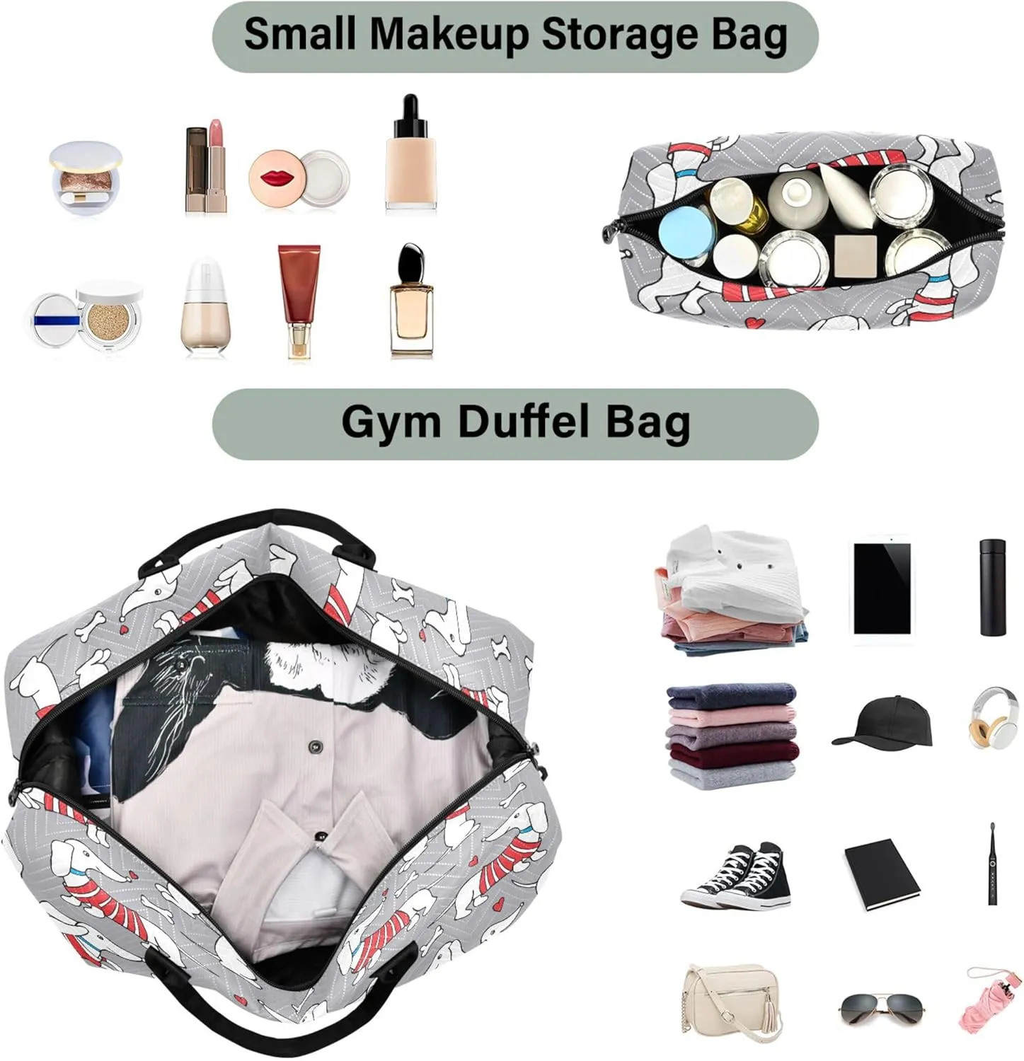Cute Dog Dachshund Travel Duffel Bags Makeup Bag Set, Print Women Small Duffle Bag Traveling Bags