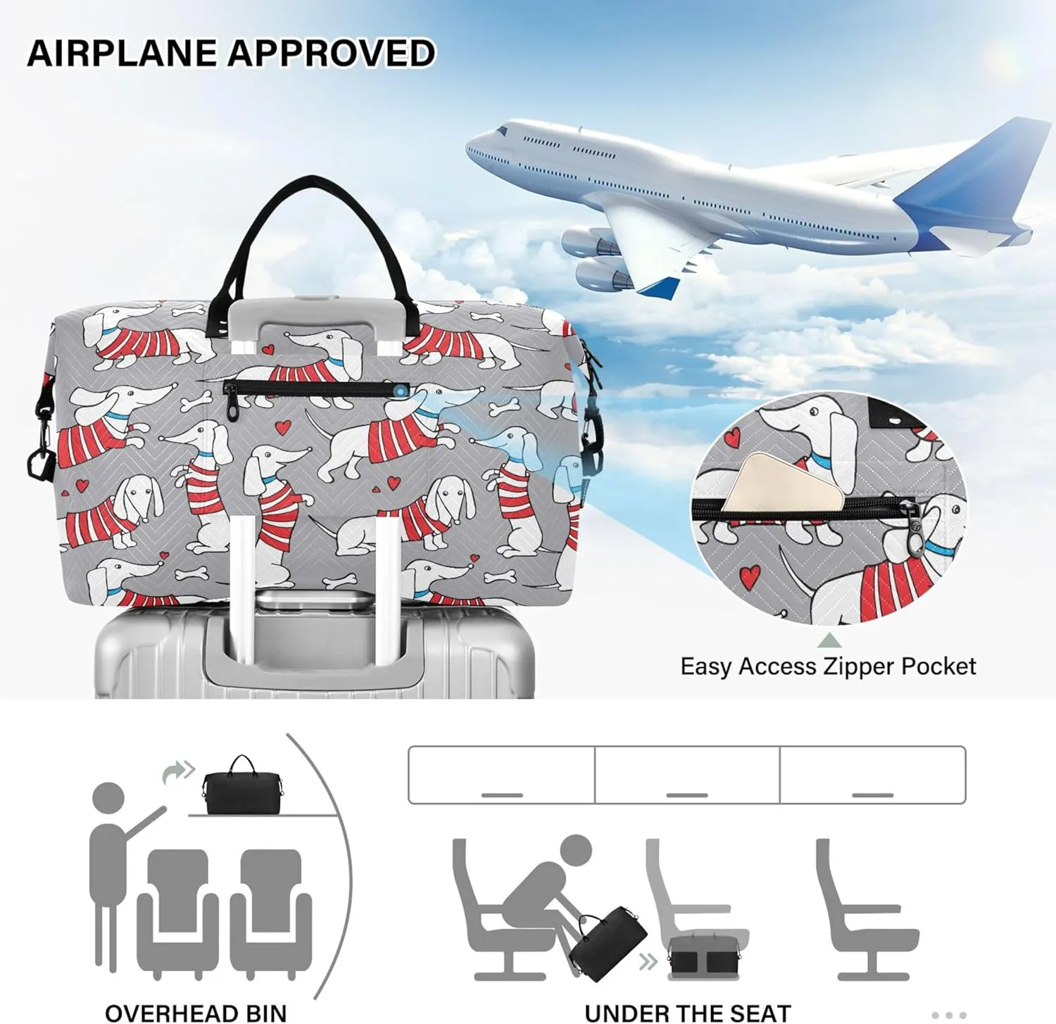Cute Dog Dachshund Travel Duffel Bags Makeup Bag Set, Print Women Small Duffle Bag Traveling Bags