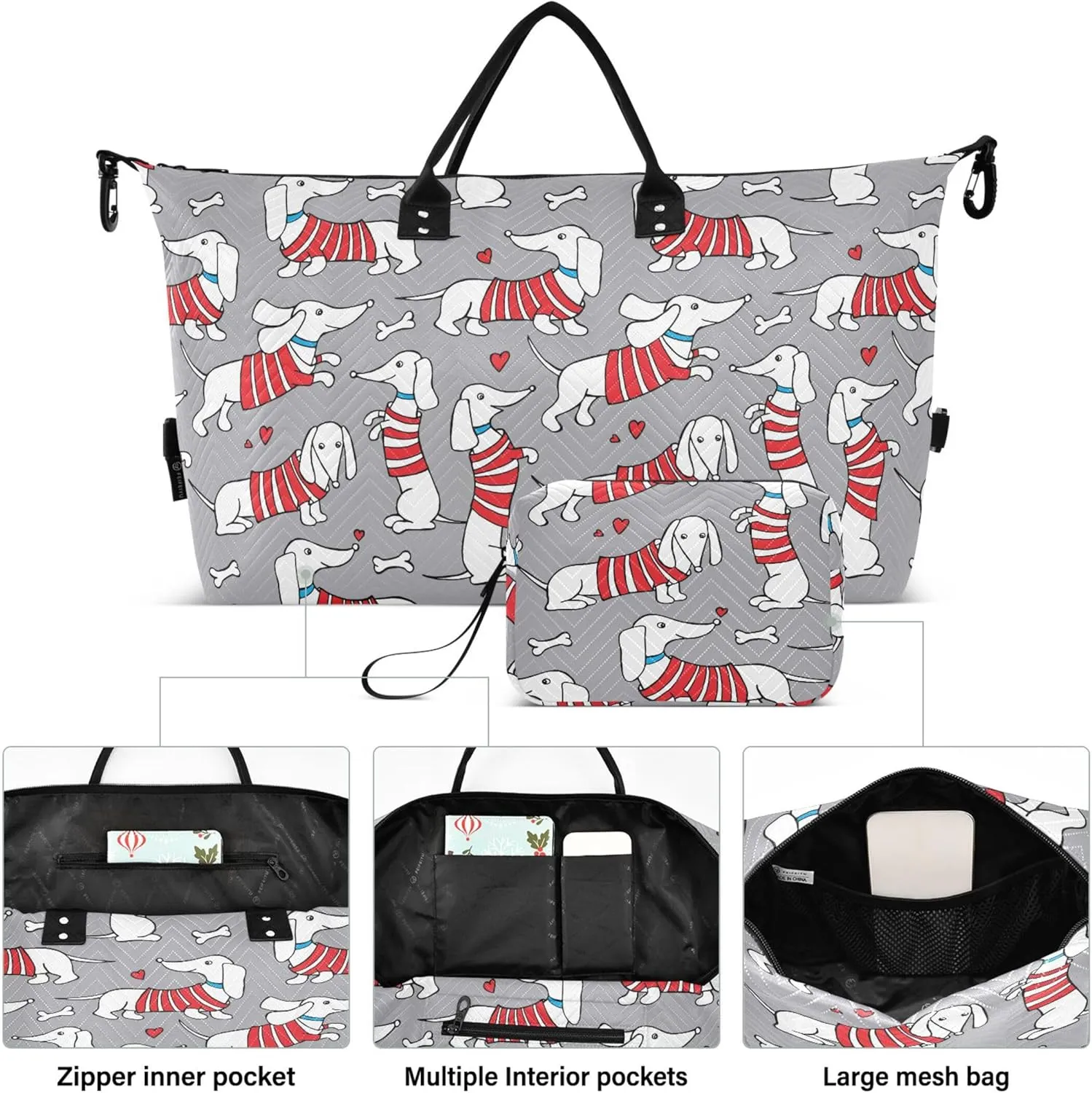 Cute Dog Dachshund Travel Duffel Bags Makeup Bag Set, Print Women Small Duffle Bag Traveling Bags