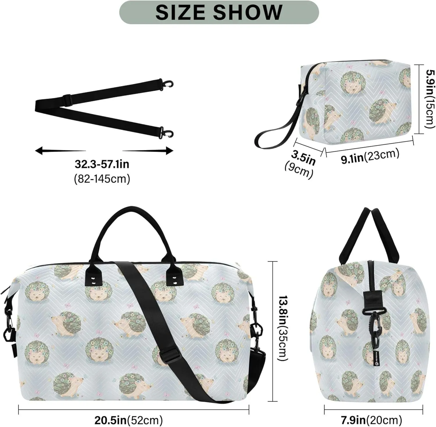 Cute Hedgehogs Flowers Animals Duffel Bags for Traveling Toiletry Bags Set, Cute Print Luggage Bag Weekender Travel Bag