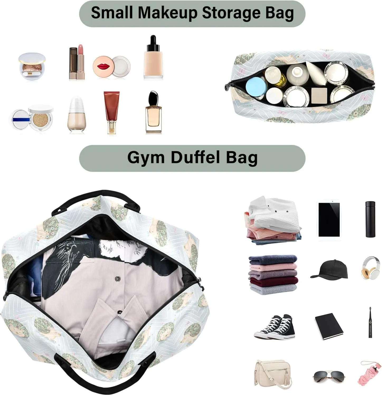 Cute Hedgehogs Flowers Animals Duffel Bags for Traveling Toiletry Bags Set, Cute Print Luggage Bag Weekender Travel Bag